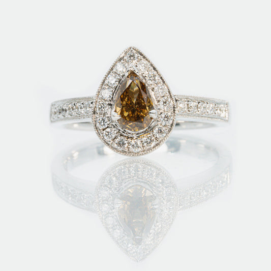 18 carat white gold cognac pear diamond halo engagement ring