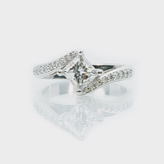 18 carat white gold off set princess cut diamond engagement ring