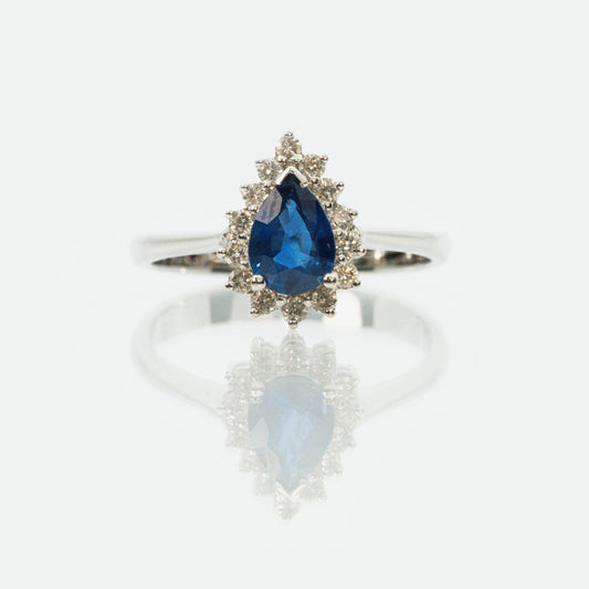 18 carat white gold sapphire and diamond dress ring pear sapphire with halo of diamonds