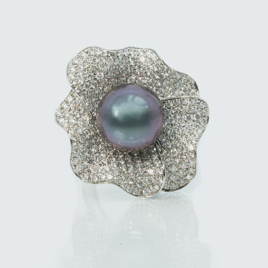 tahitian pearl pave diamond flower ring