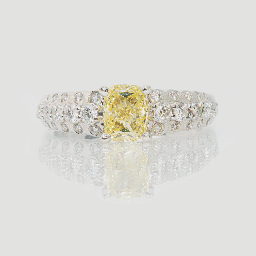 18 carat white gold yellow radiant cut cushion and white diamond dress ring