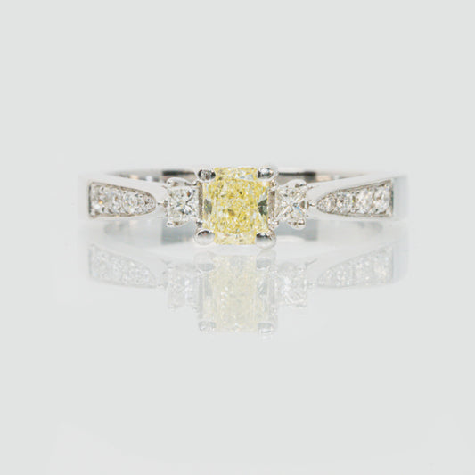 18 carat white gold intense yellow and white diamond engagement ring
